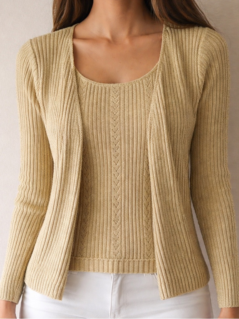 Womens Vintage Gold Metallic Cardigan Sweater Knit Button Front Casual Small Top
